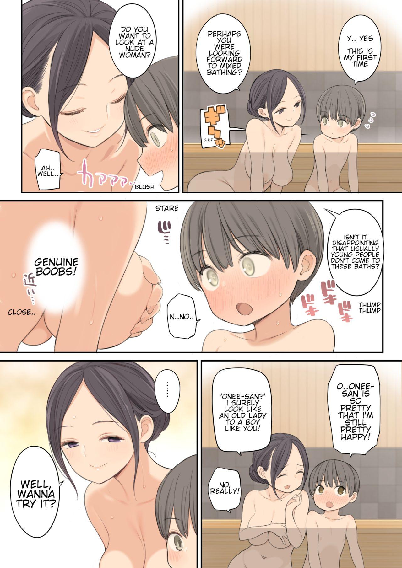 Deutsche Konyoku Onsen de Toshiue no Onee-san ni Ippai Shasei Sasete Morau Hanashi | Story of how I came a lot with an older oneesan at the mixed hot spring bath - Original Gay Deepthroat - Page 7